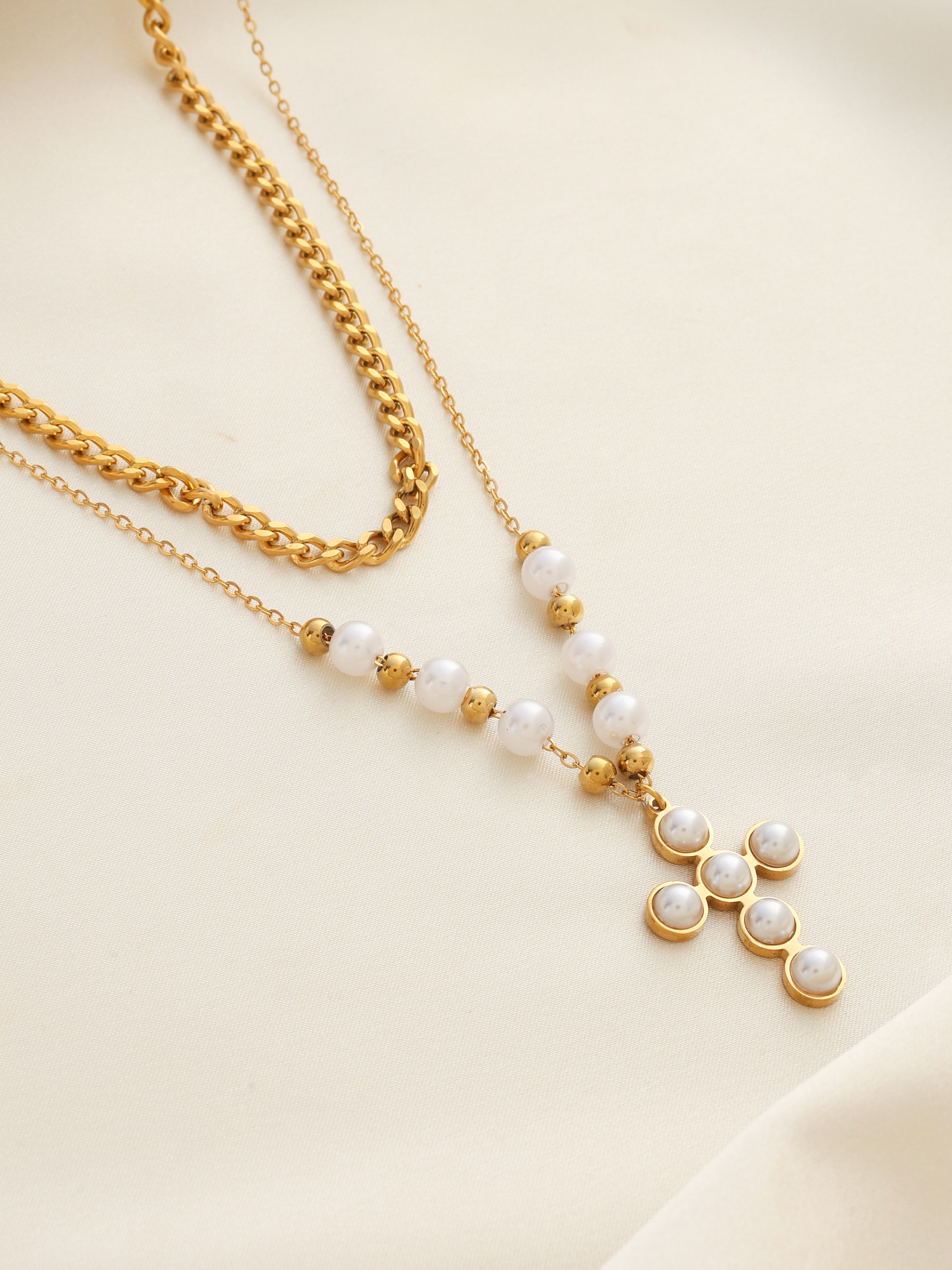 Layered Pearl Cross Necklace