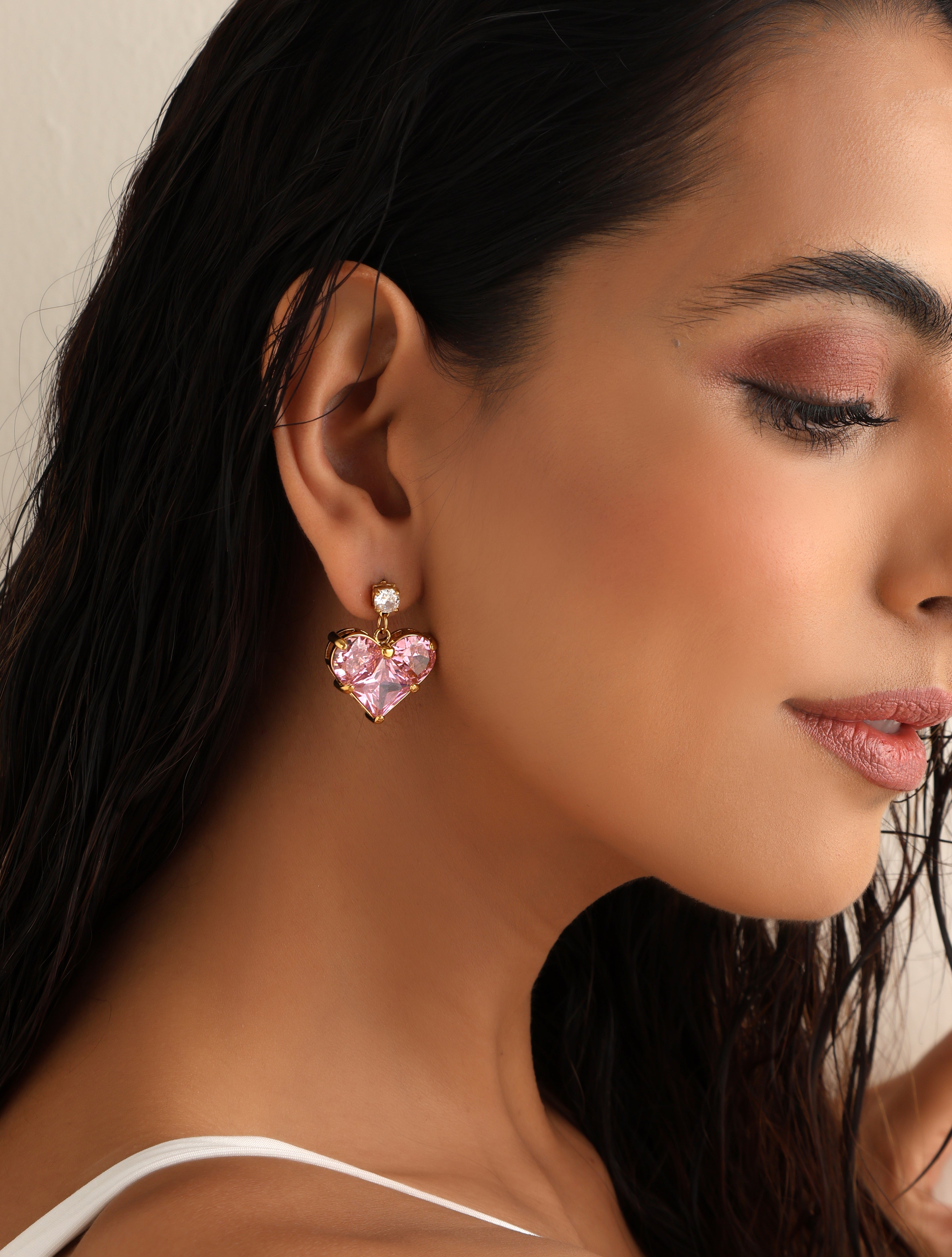 Pink Cubic Zirconia Heart Earrings