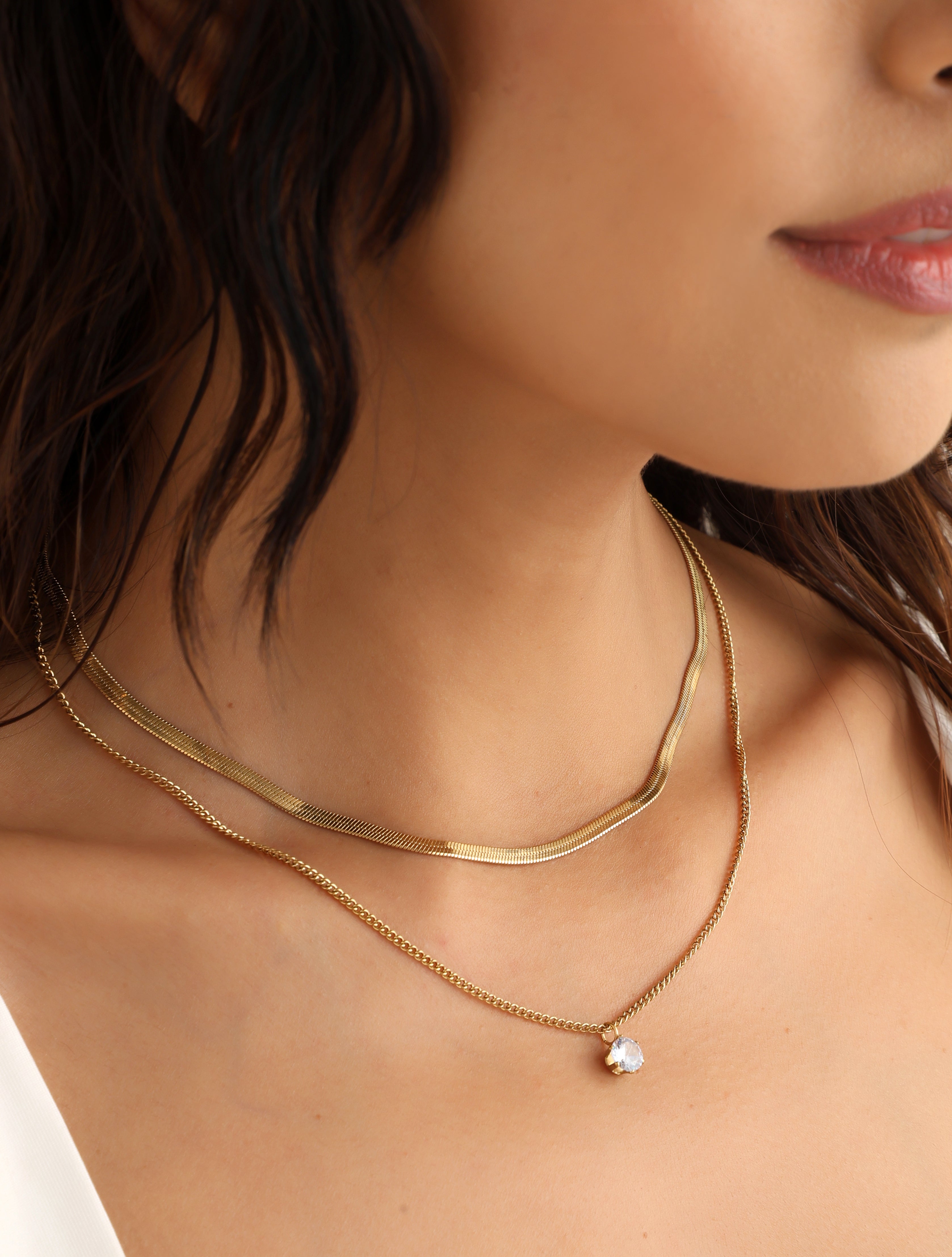 Snake Chain With Solitaire Layered Necklace