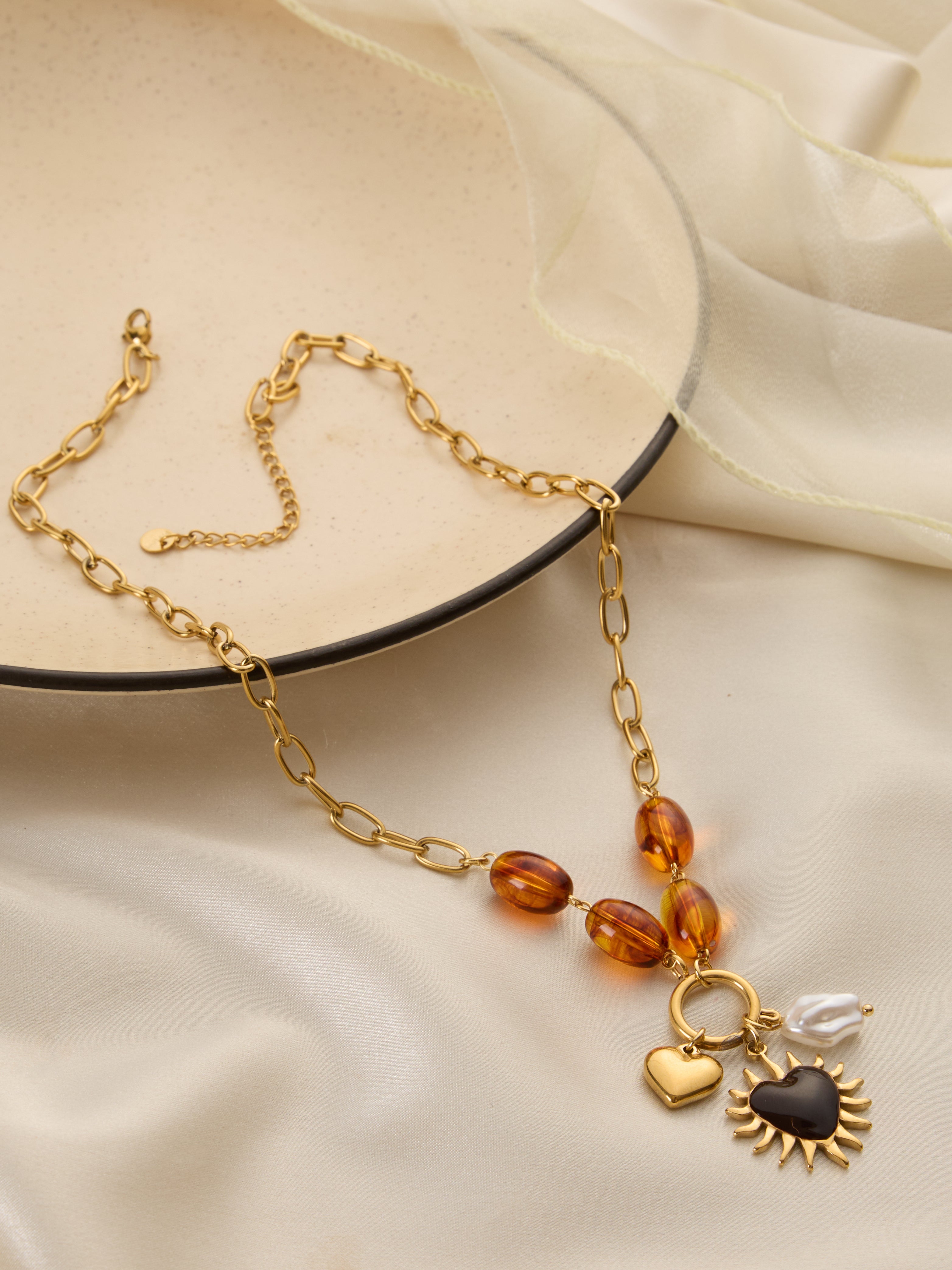 Amber Natural Stones Heart Necklace
