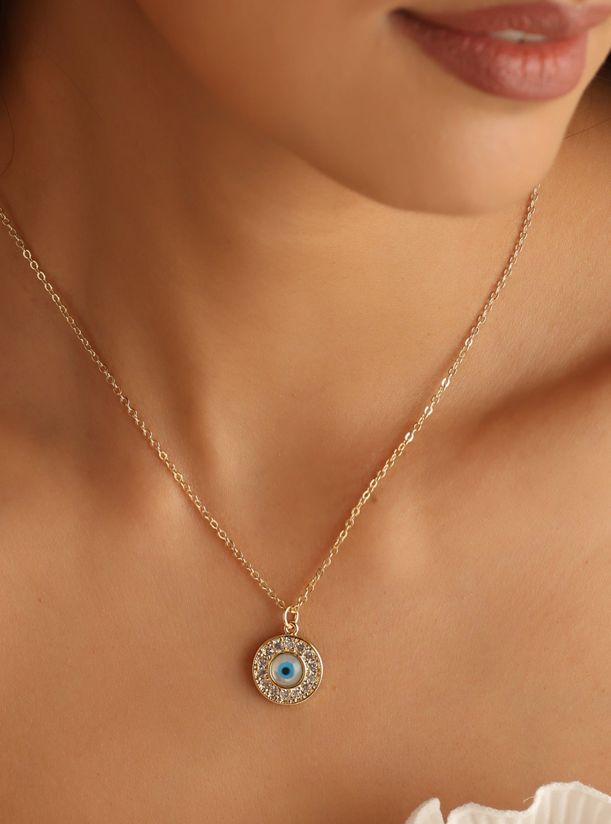 Round Mother Of Pearl Evil Eye Necklace