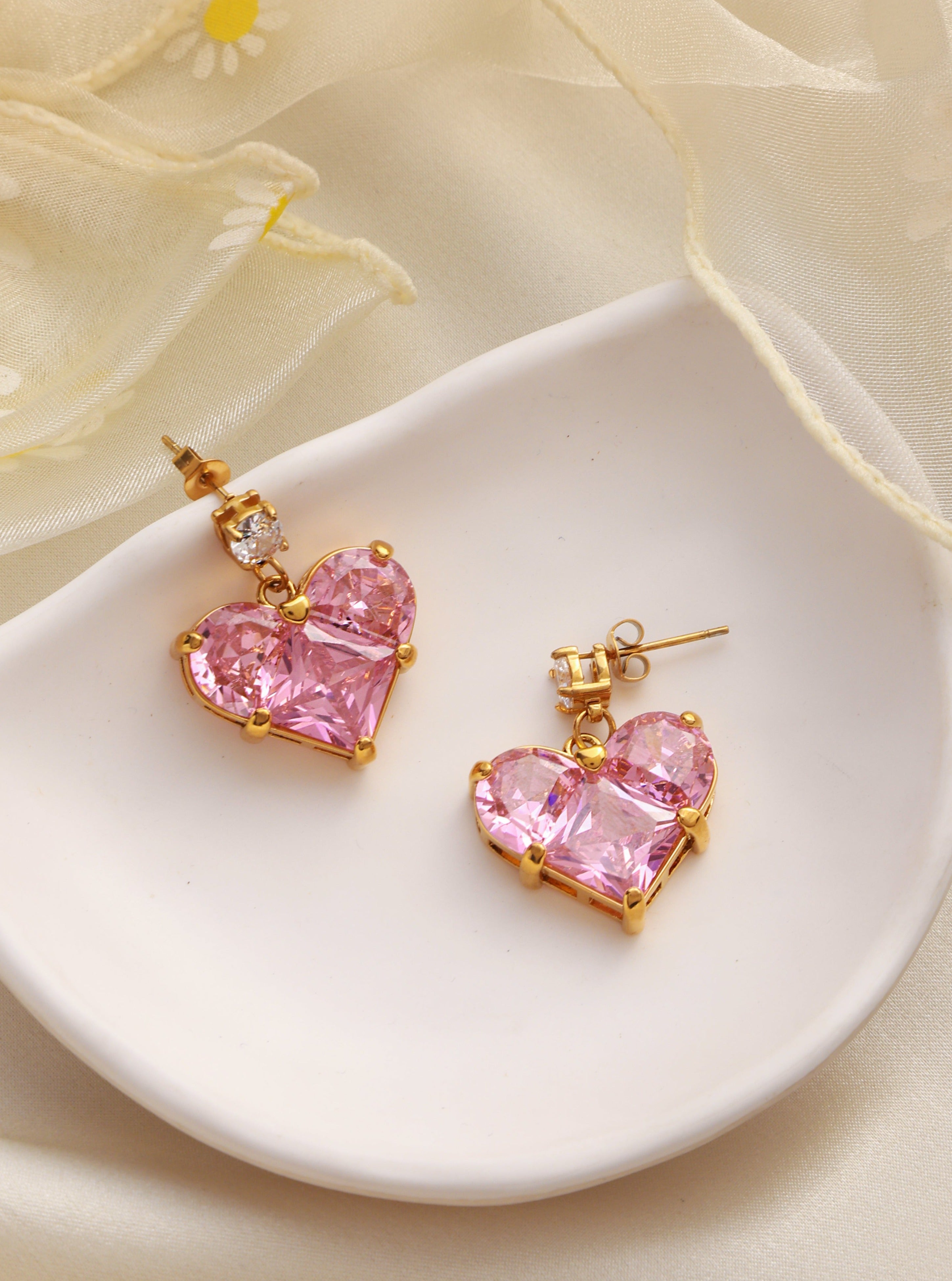 Pink Cubic Zirconia Heart Earrings