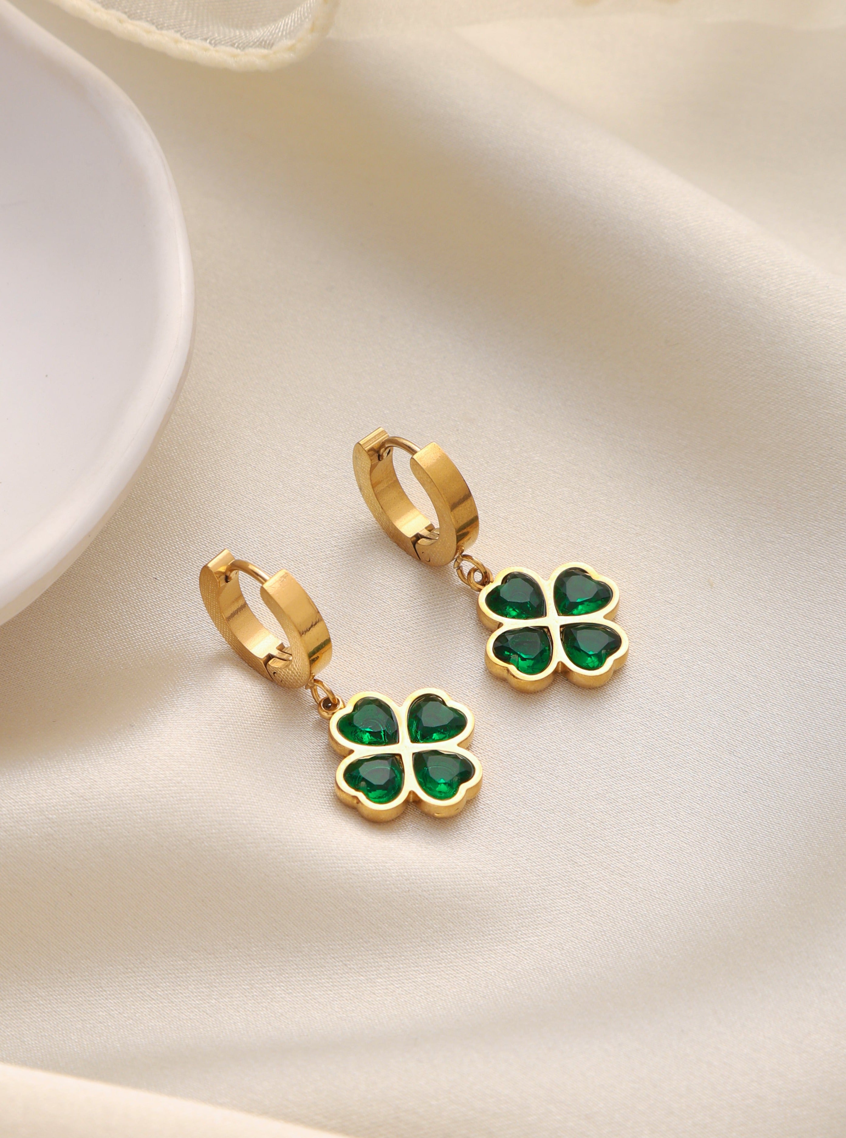 Emerald Hearts Clover Earrings